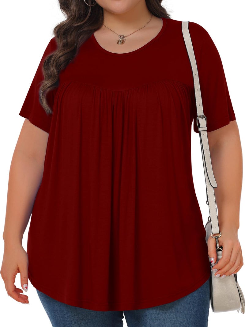 Tencede Womens Plus Size Tops Tunic Short Sleeve Crew Neck Shirts Casual Soft Blouse Wine Red 2X - Image 2