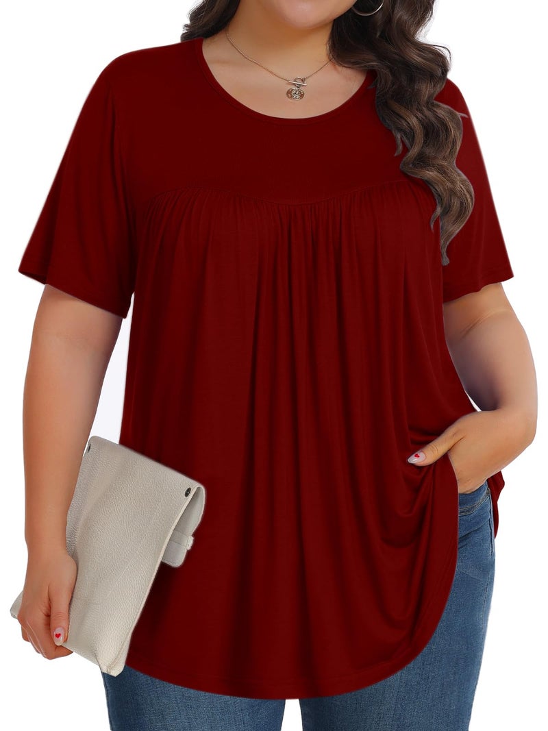 Tencede Womens Plus Size Tops Tunic Short Sleeve Crew Neck Shirts Casual Soft Blouse Wine Red 2X - Image 1