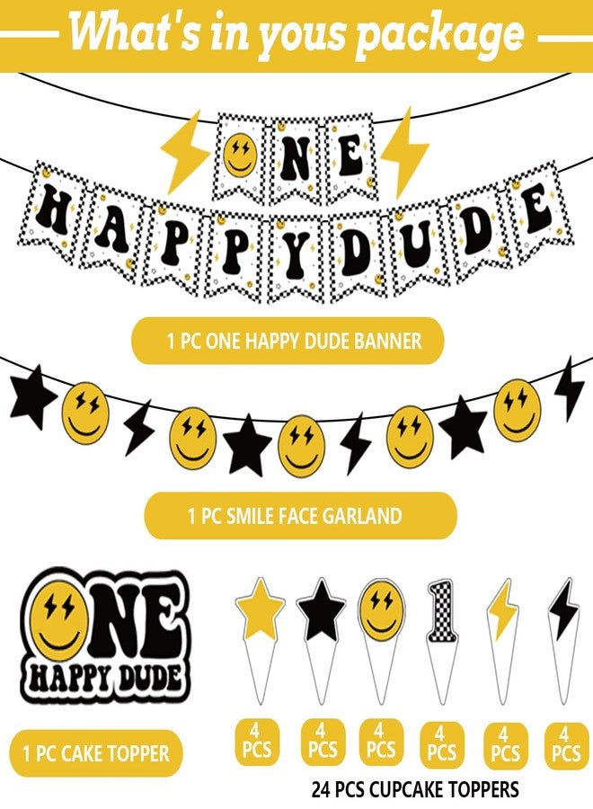 وولاين مجموعة زينة حفلات عيد ميلاد "والاين" مكونة من 48 قطعة: بالونات صفراء وبيضاء وسوداء، بالونات مربعة، بالونات رقم واحد، لافتة زينة، زينة كعكة عيد الميلاد الأول بتصميم وجه مبتسم. - Image 2