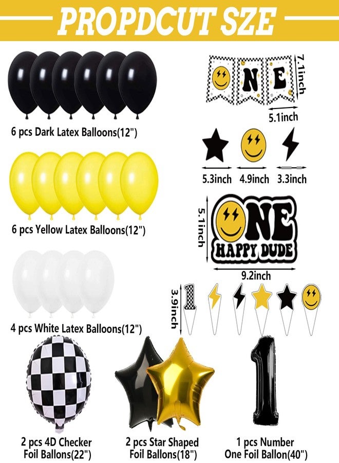 وولاين مجموعة زينة حفلات عيد ميلاد "والاين" مكونة من 48 قطعة: بالونات صفراء وبيضاء وسوداء، بالونات مربعة، بالونات رقم واحد، لافتة زينة، زينة كعكة عيد الميلاد الأول بتصميم وجه مبتسم. - Image 3