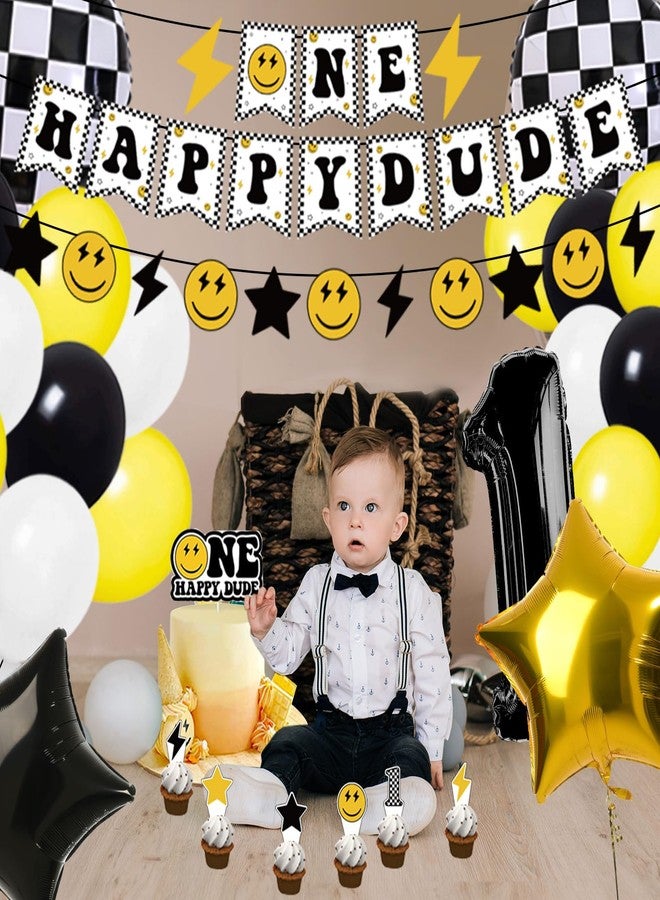 وولاين مجموعة زينة حفلات عيد ميلاد "والاين" مكونة من 48 قطعة: بالونات صفراء وبيضاء وسوداء، بالونات مربعة، بالونات رقم واحد، لافتة زينة، زينة كعكة عيد الميلاد الأول بتصميم وجه مبتسم. - Image 5