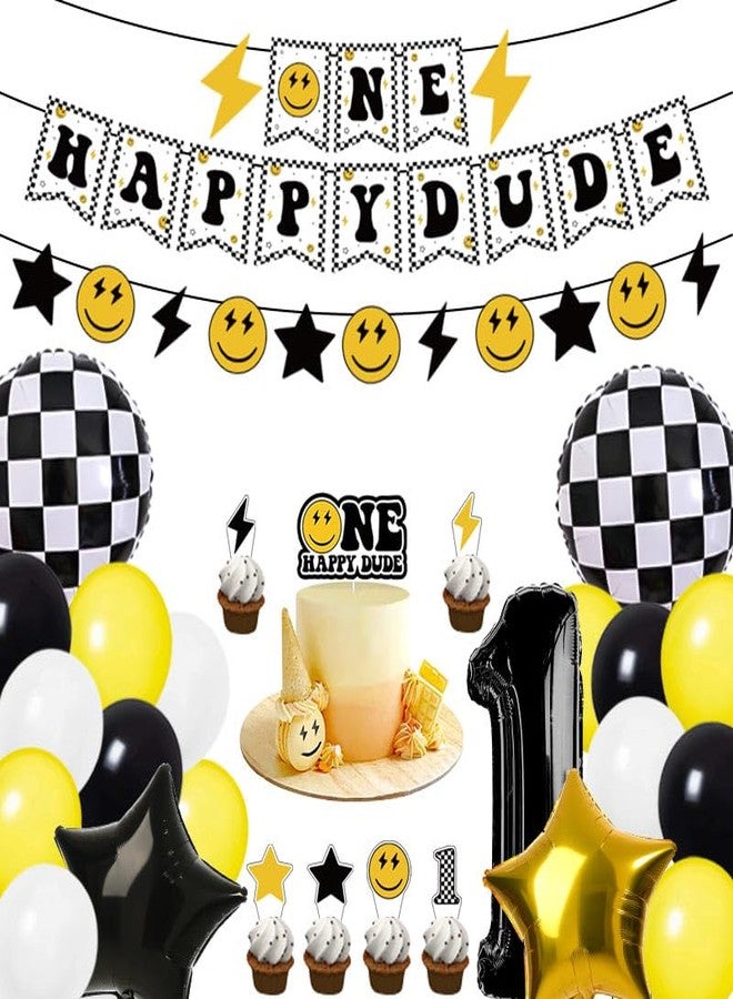 وولاين مجموعة زينة حفلات عيد ميلاد "والاين" مكونة من 48 قطعة: بالونات صفراء وبيضاء وسوداء، بالونات مربعة، بالونات رقم واحد، لافتة زينة، زينة كعكة عيد الميلاد الأول بتصميم وجه مبتسم. - Image 1