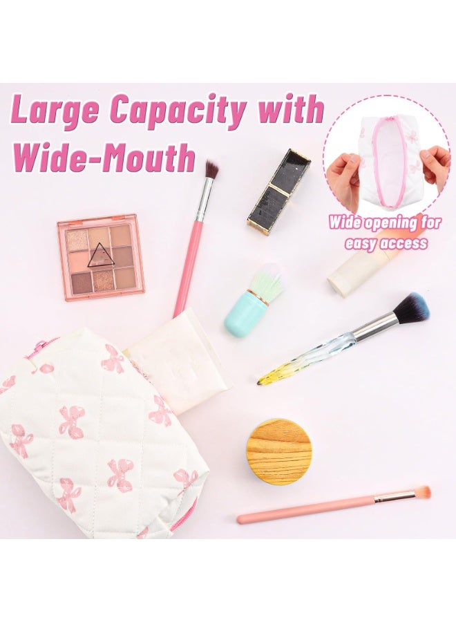 Quilted Puffy Makeup Bag, Large Bow Floral Cosmetic Organizer, Coquette Vintage Travel Toiletry Pouch for Women & Girls - Image 3