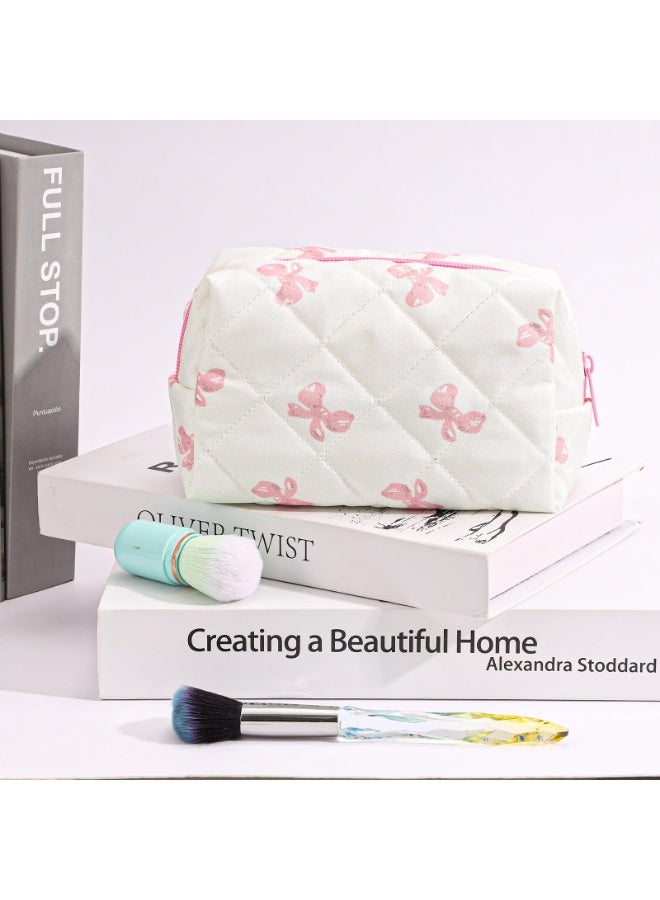 Quilted Puffy Makeup Bag, Large Bow Floral Cosmetic Organizer, Coquette Vintage Travel Toiletry Pouch for Women & Girls - Image 5