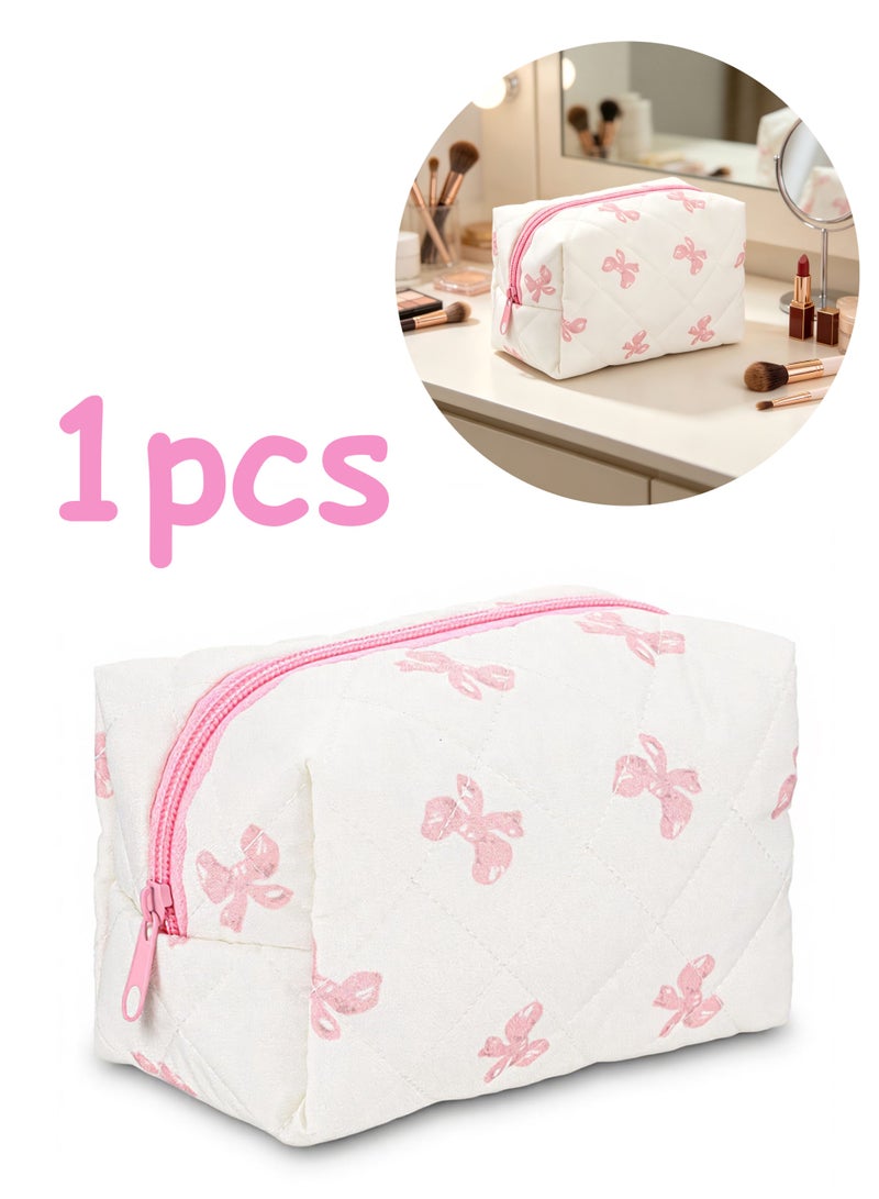 Quilted Puffy Makeup Bag, Large Bow Floral Cosmetic Organizer, Coquette Vintage Travel Toiletry Pouch for Women & Girls - Image 1