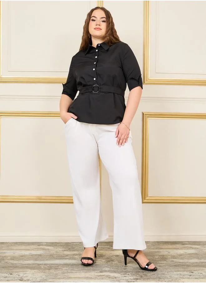 ستايلي Plus Button Down Ring Buckle Waist Shirt