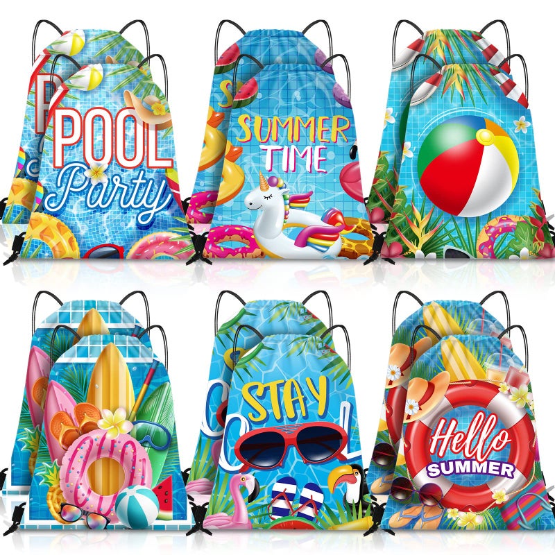 Kacctyen 12 Pcs Pool Beach Drawstring Bags Summer Drawstring Backpack Beach Ball String Birthday Bag Pool Party Decoration Classic