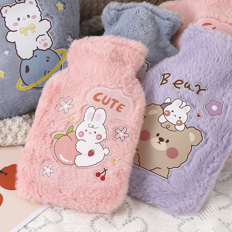 Soft Rabbit Fur Water Bag Water Injection Bag Hand Warmer Thickened Explosion-Proof Plush Cartoon Warm Water Bag - Image 5