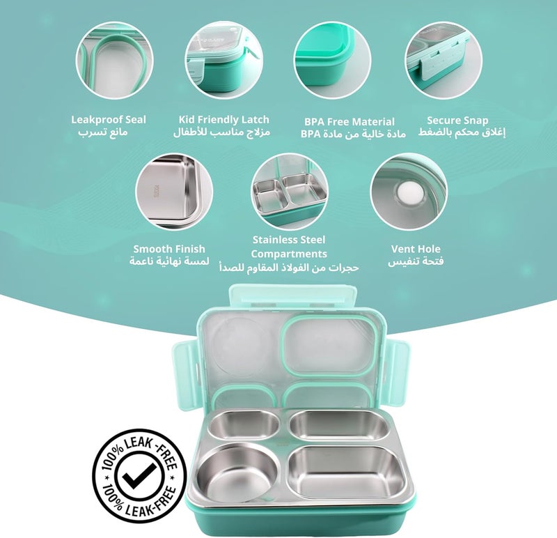 Cravista Bento Lunch Boxes, Leak Proof Stainless Steel Lunch Box for Kids, BPA Free Bento Box for Kids and Adults | Tiffin Box for Office and School (Green, 950 ML, 4 Compartment) - Image 3