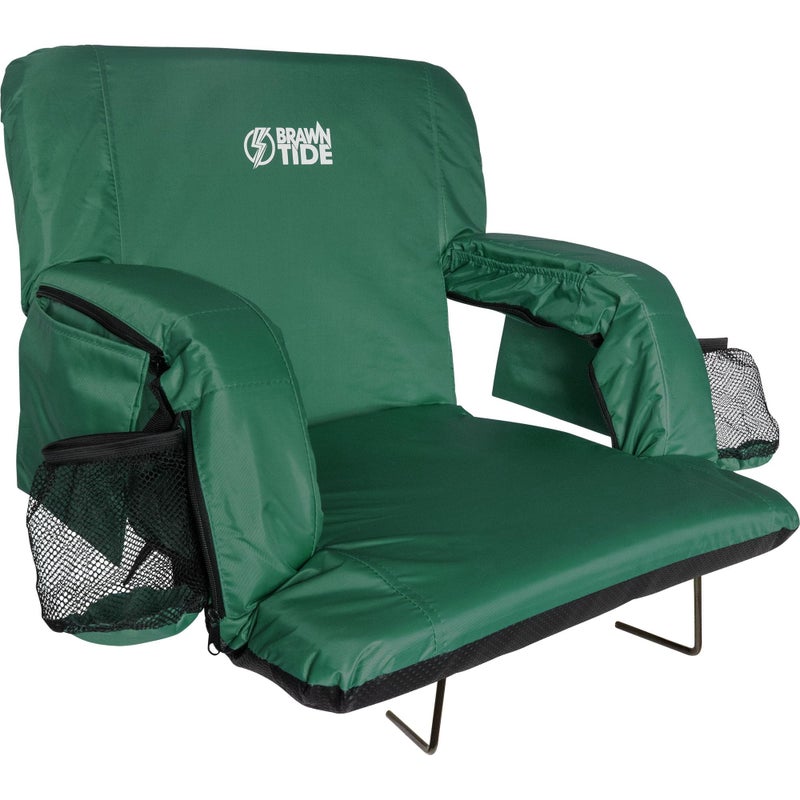 BRAWNTIDE Stadium Chair with Back Support Comfy Cushion Thick Padding 2 Bleacher Hooks 4 Pockets Ideal Stadium Seat for Bleachers Sporting Events Camping Green Regular Size