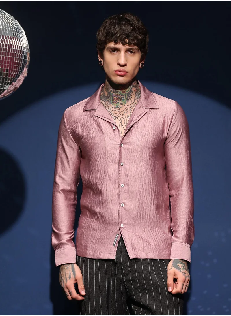 Campus Sutra Men's Blush Pink Satin Cuban Shirt For Casual Wear | Cuban Collar | Long Cuffed Sleeves | Button Closure | Shirt Crafted With Comfort Fit For Everyday Wear