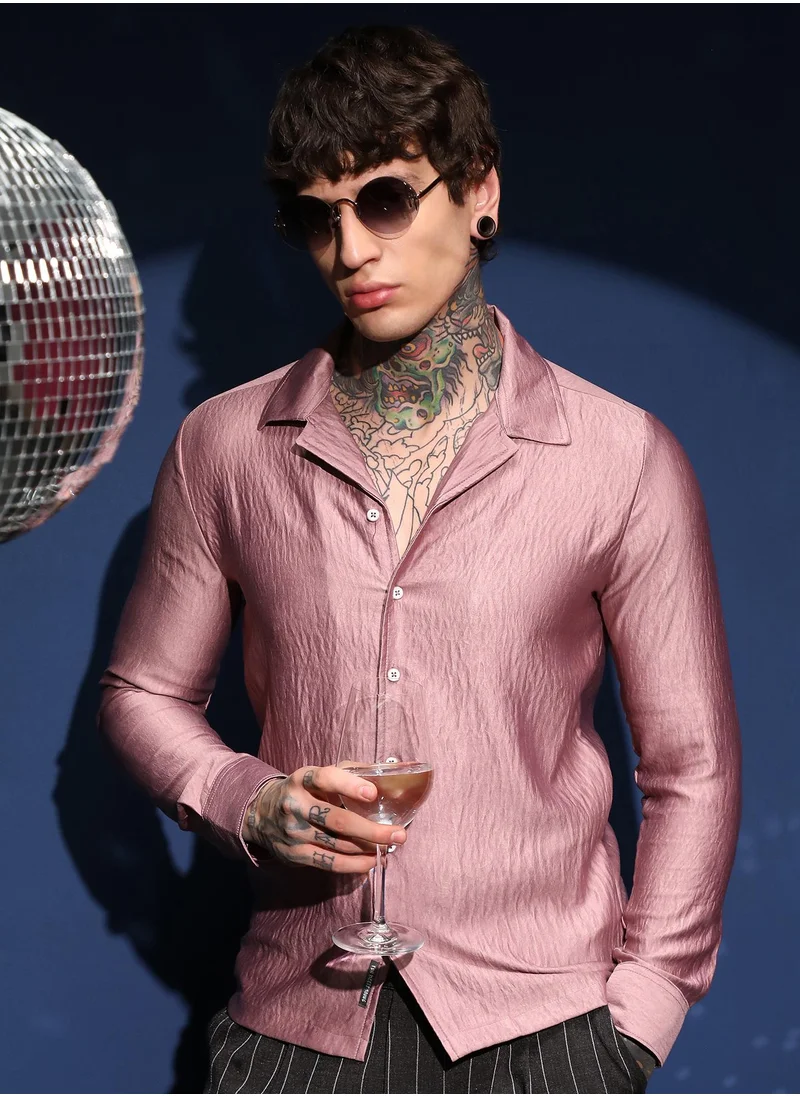 Campus Sutra Men's Blush Pink Satin Cuban Shirt For Casual Wear | Cuban Collar | Long Cuffed Sleeves | Button Closure | Shirt Crafted With Comfort Fit For Everyday Wear