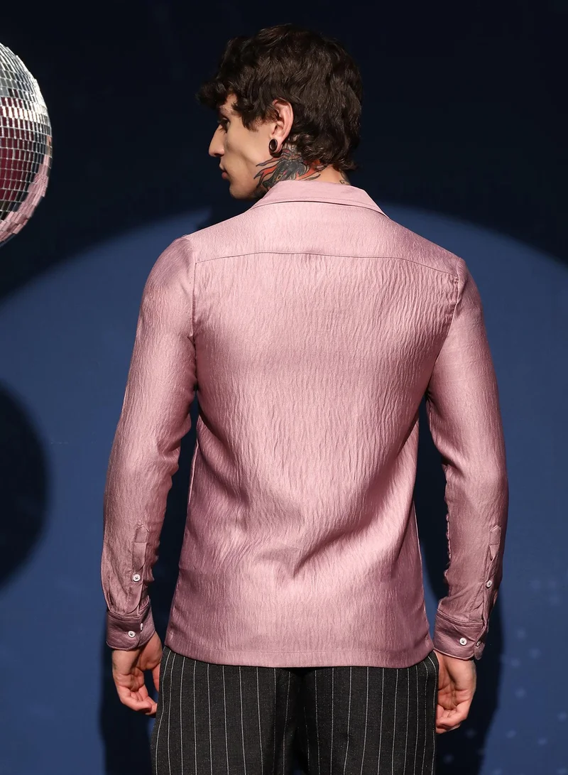Campus Sutra Men's Blush Pink Satin Cuban Shirt For Casual Wear | Cuban Collar | Long Cuffed Sleeves | Button Closure | Shirt Crafted With Comfort Fit For Everyday Wear