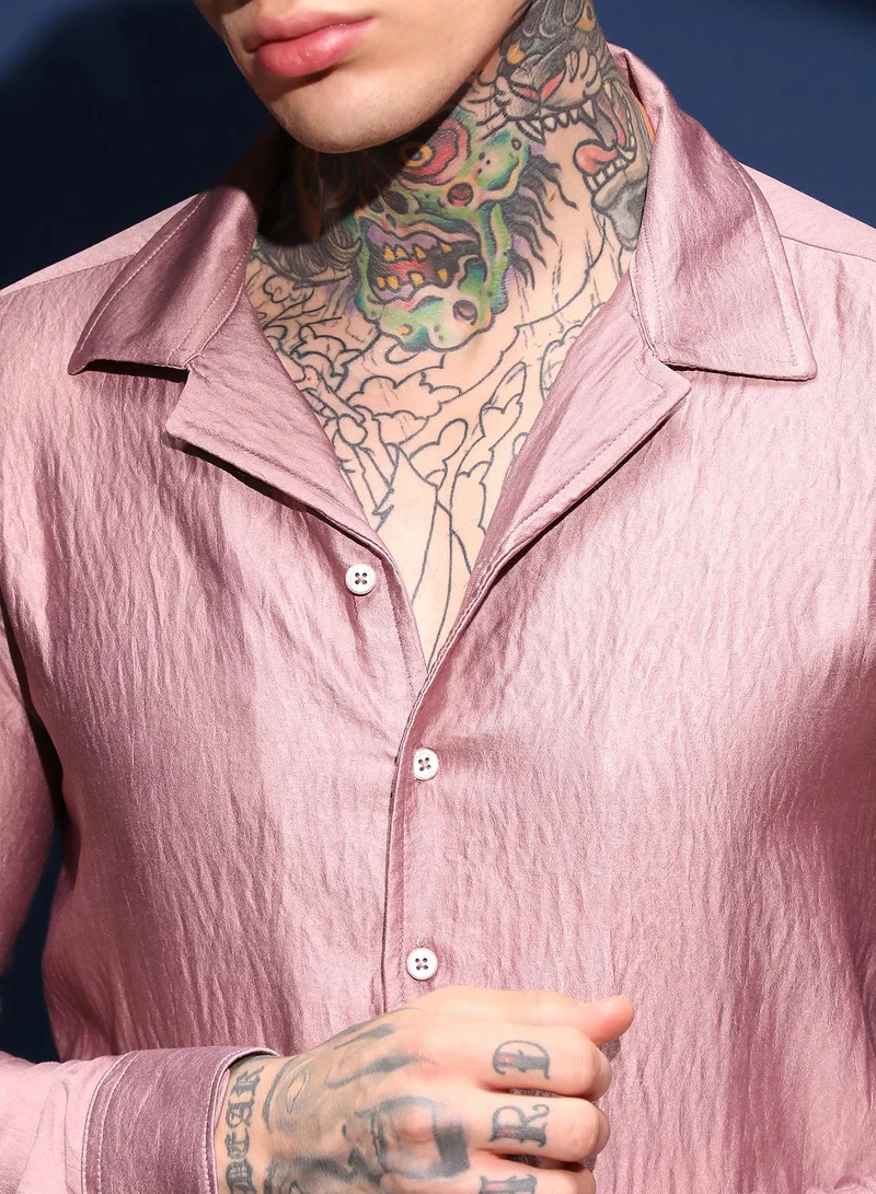 Campus Sutra Men's Blush Pink Satin Cuban Shirt For Casual Wear | Cuban Collar | Long Cuffed Sleeves | Button Closure | Shirt Crafted With Comfort Fit For Everyday Wear