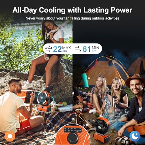 Odoland 40000mAh Camping Fan with LED Light Battery Operated Oscillating Desk Fan with Remote Hook Rechargeable Outdoor Tent Fan with Timer for Hurricane Power Outage Travel Jobsite RV Orange - Image 3