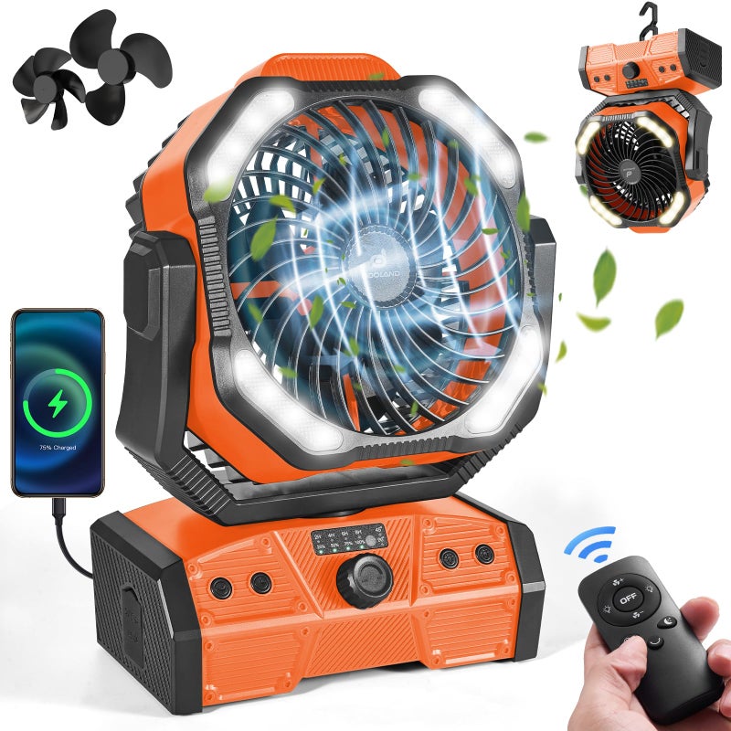 Odoland 40000mAh Camping Fan with LED Light Battery Operated Oscillating Desk Fan with Remote Hook Rechargeable Outdoor Tent Fan with Timer for Hurricane Power Outage Travel Jobsite RV Orange - Image 2