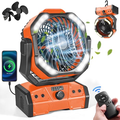 Odoland 40000mAh Camping Fan with LED Light Battery Operated Oscillating Desk Fan with Remote Hook Rechargeable Outdoor Tent Fan with Timer for Hurricane Power Outage Travel Jobsite RV Orange - Image 1
