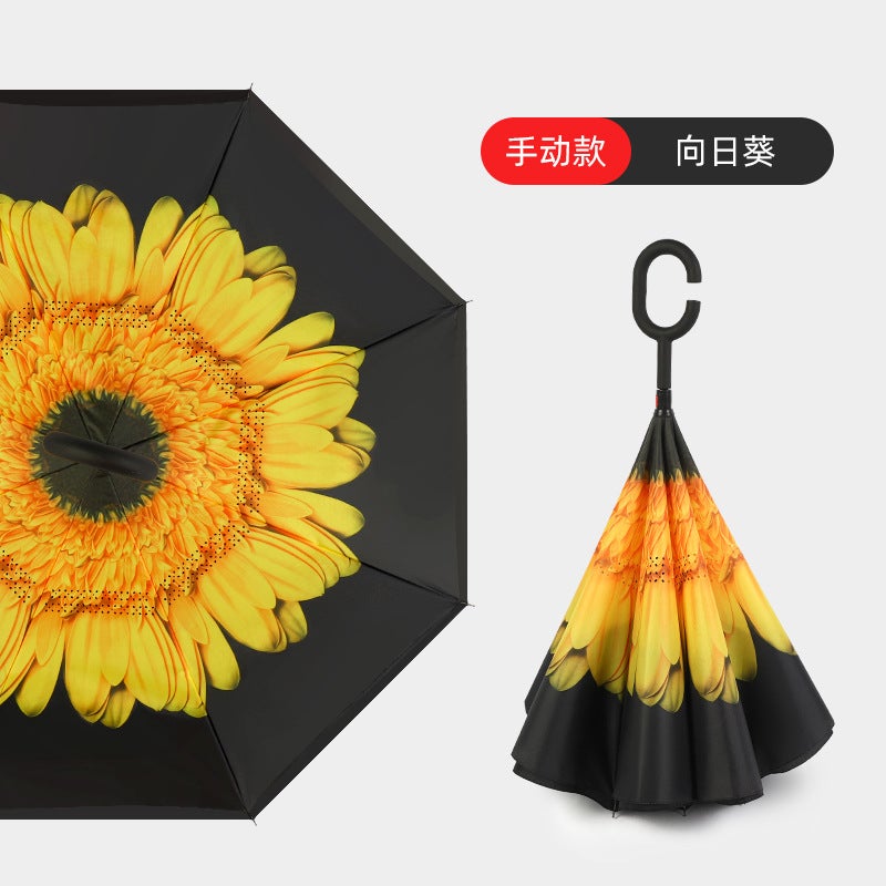 Hands-Free C-Handle Standable Reverse Umbrella Sunflower hand opening style 
