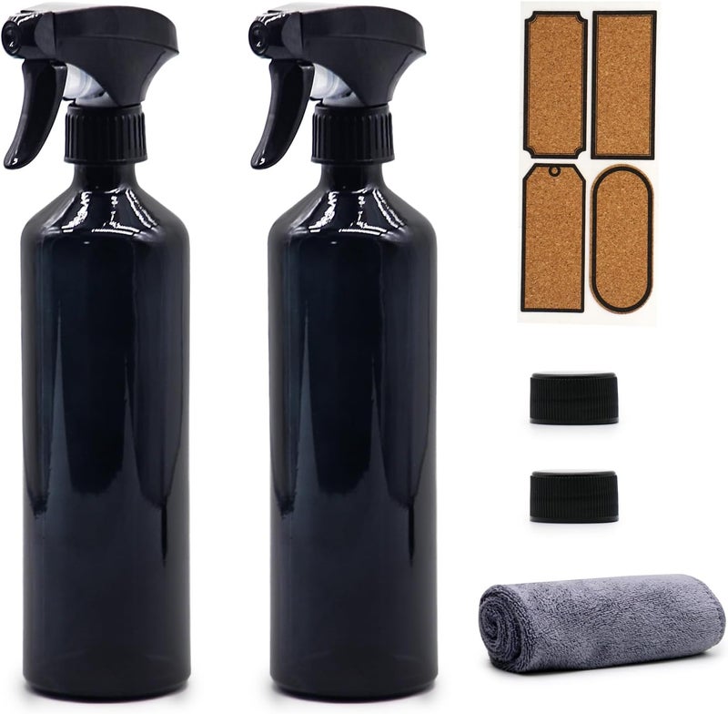 OFFIDIX Glass Spray Bottles,16 OZ/0.48L Refillable Spray Bottle for Cleaning,Hair,Essential Oils,Plants,Adjustable Nozzle for Fine Mist and Stream-2 Pack-Black