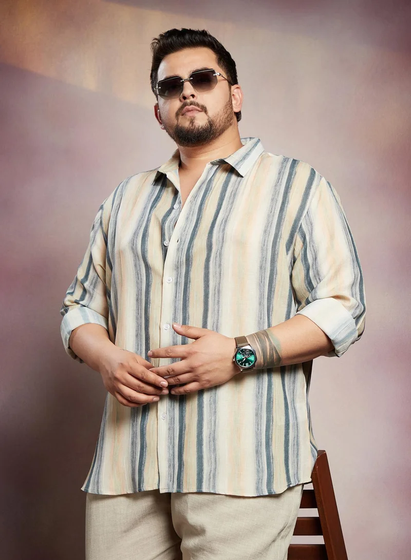 Instafab Plus Instafab Plus Men's Yellow & Blue Striped-Strokes Shirt For Casual Wear | Spread Collar | Long Cuffed Sleeves | Button Closure | Plus Size Shirt Crafted With Comfort Fit For Everyday Wear