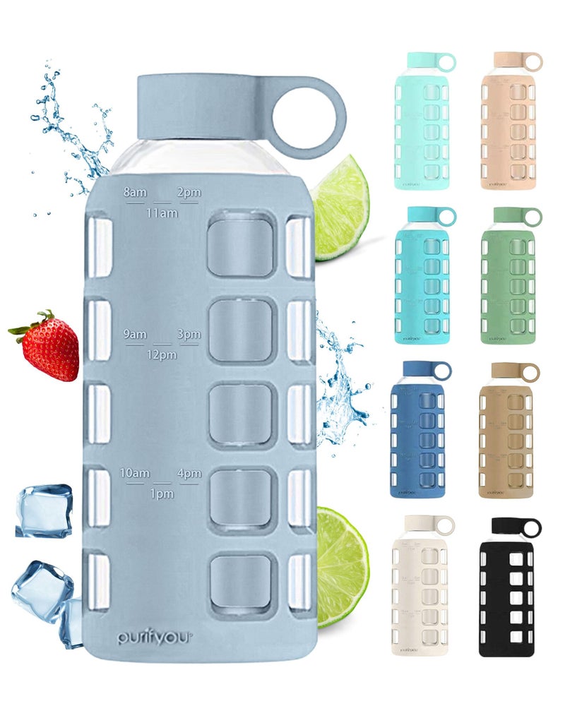 purifyou Premium 40/32 / 22/12 oz Glass Water Bottles with Volume & Times to Drink  Silicone Sleeve & Stainless Steel Lid Insert  Reusable Bottle for Fridge Water  Milk  Juice (22oz Ice Blue)