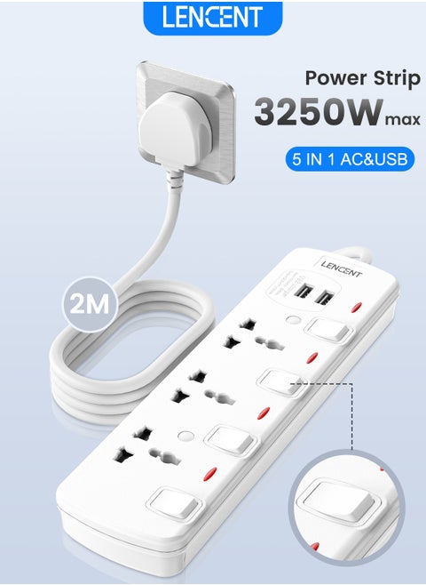LENCENT شرائط الطاقة تمديد الحبل 3 منافذ محول التوصيل العالمي مع فتحات USB والمفتاح الفردي 2M تمديد الحبل