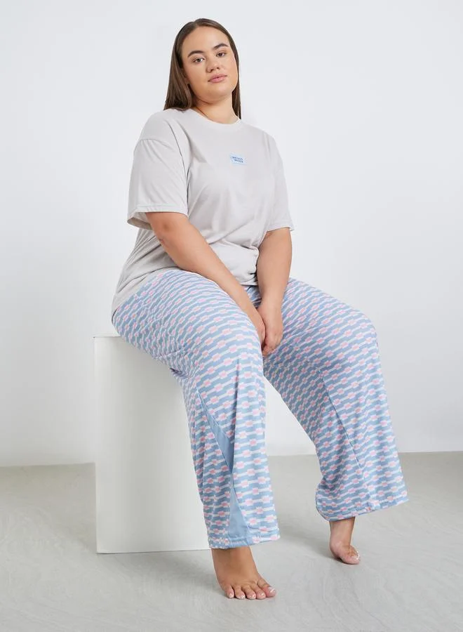 Styli Styli Plus Drop Shoulder Patch T-Shirt and Geo Print Pyjama Set