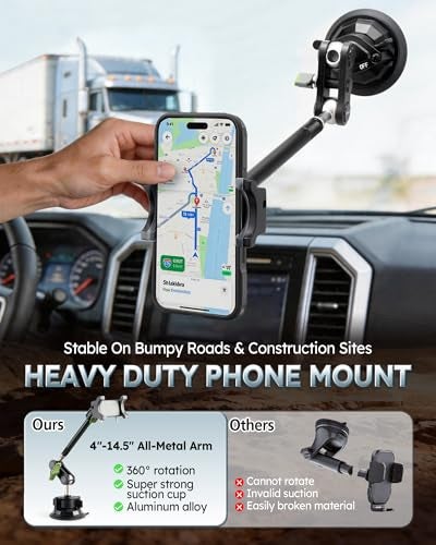 leepiya Heavy Duty Phone Mount for Truck Suction Cup Windshield Car Phone Holder UltraDurable Mteal Phone Holders for F 150 RAM Silverado Kenworth Peterbilt Freightliner 360 AntiShake Car Phone Mount - Image 3