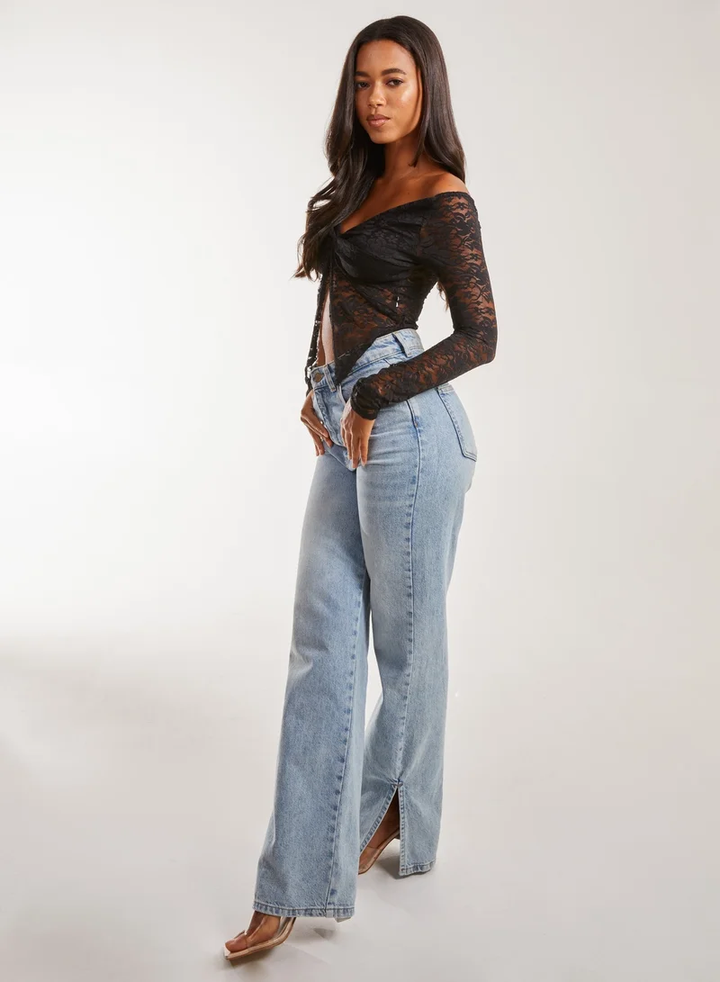 بينك فانيلا بلوزة بأكمام طويلة مزينة بالدانتيل على شكل فراشة