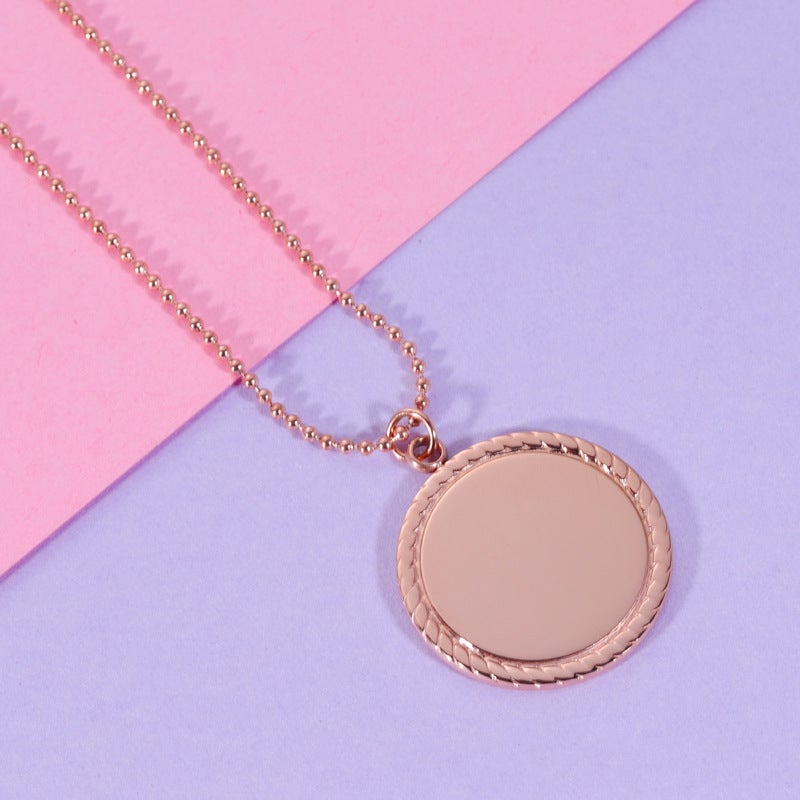 Generic Foreign trade hot selling mirror stainless steel geometric lace necklace pendant round glossy laser logo necklace Rose Gold Electroplating in Furnace (MP097) 