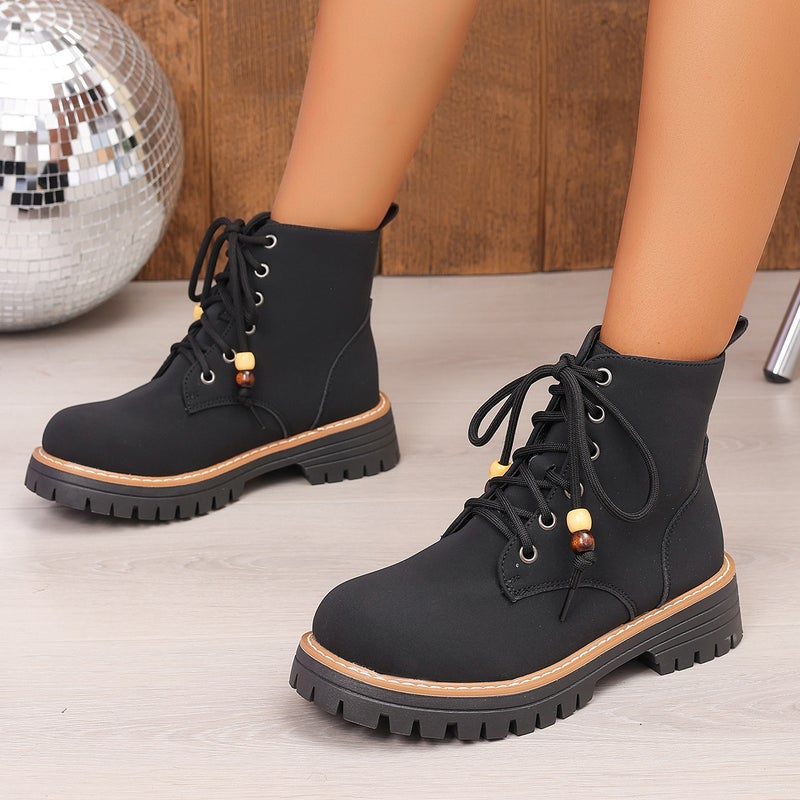 Women's Plus Size Ankle Boots for Fall and Winter, Versatile Chunky Heel Suede Thick Sole Lace-up European and American Style Martin Boots - Image 3