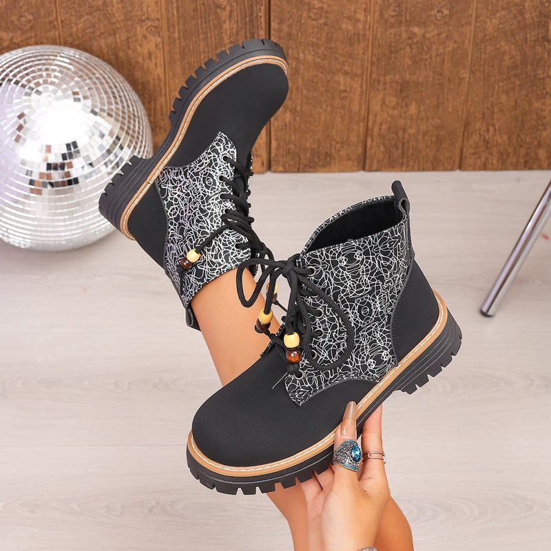 Women's Plus Size Ankle Boots for Fall and Winter, Versatile Chunky Heel Suede Thick Sole Lace-up European and American Style Martin Boots - Image 5