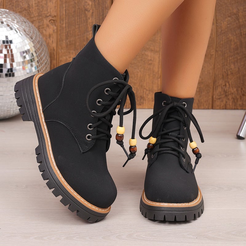 Women's Plus Size Ankle Boots for Fall and Winter, Versatile Chunky Heel Suede Thick Sole Lace-up European and American Style Martin Boots - Image 4