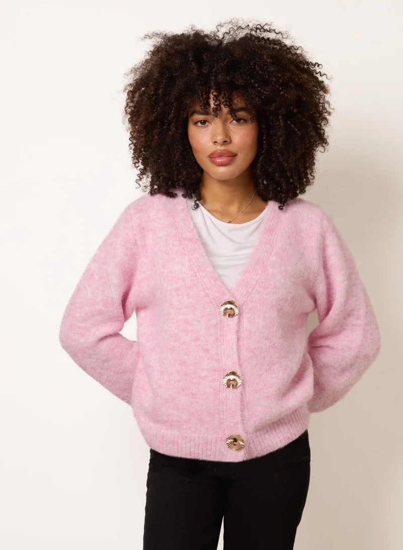 Blue Vanilla Gold Tone Flower Embossed Button Cardigan