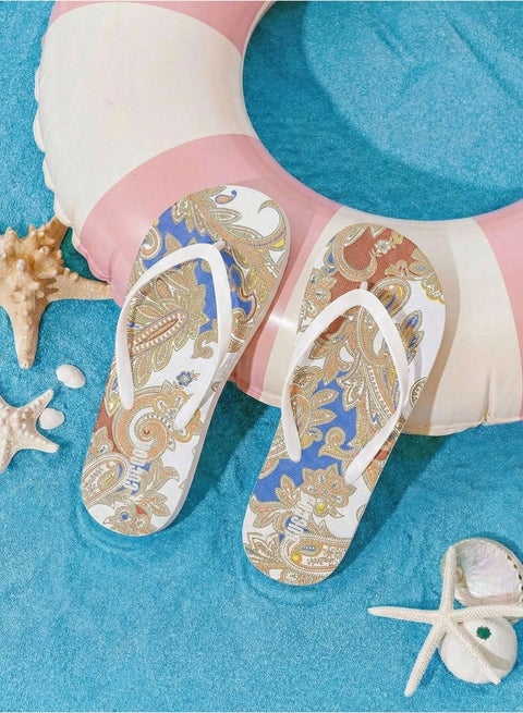 Grefit Woman Shoes Retro Paisley Pattern Toe Post Flip-Flops, Fashion Outdoor PVC Brown Flip Flops For Summer Vacation Shoes Summe