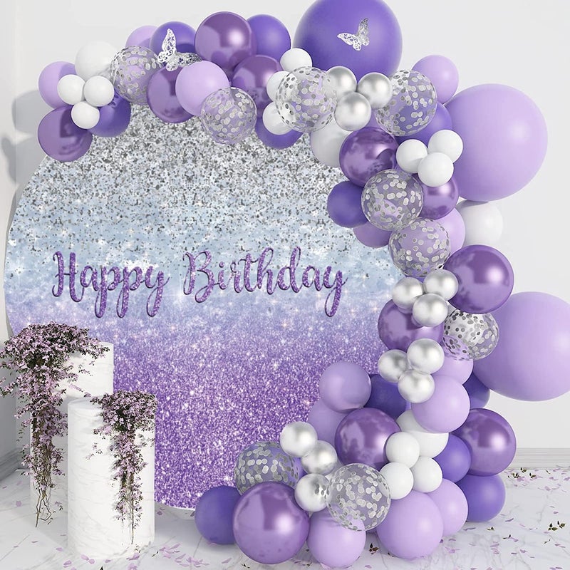 Renaiss Purples Happy Birthday Round Backdrop Cover 72 ft Polyester Fabric Shiny Purples and Silver Sequins Circle Photo Background for Gorgeous Happy Birthday Party Decorations - Image 2
