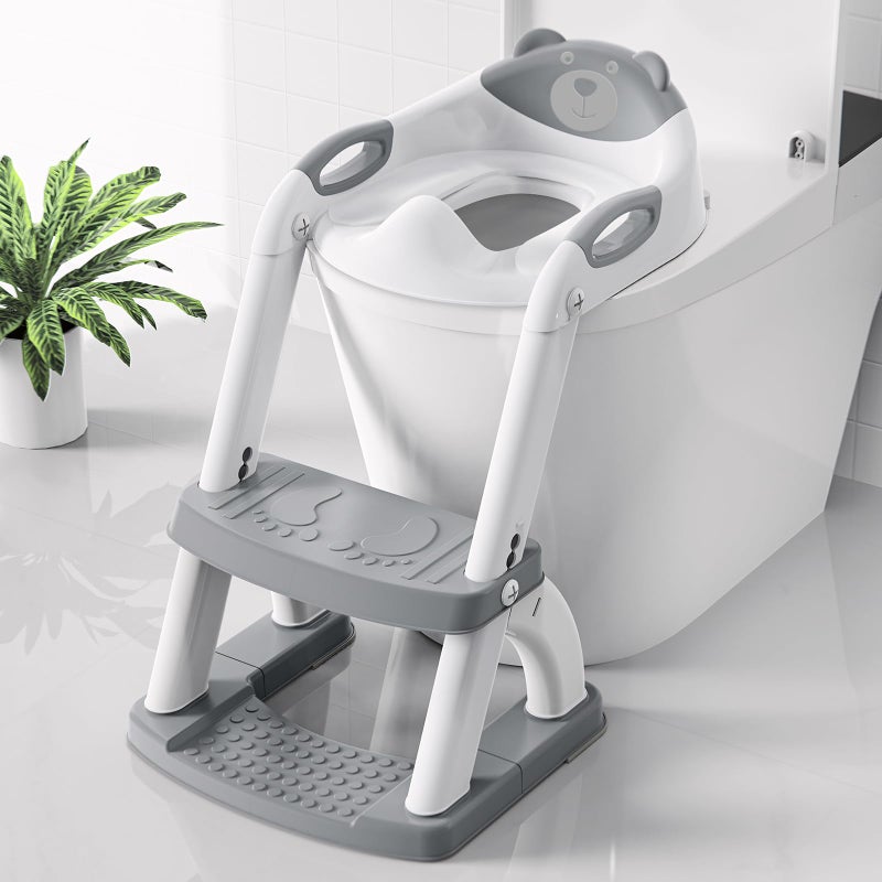 SKYROKU SKYROKU Potty Training Toilet New SectorShape Stabilized Base two in one Toddler Toilet Seat with Splash Guard Anti Slip Pad and Step Stool Enamel Grey 