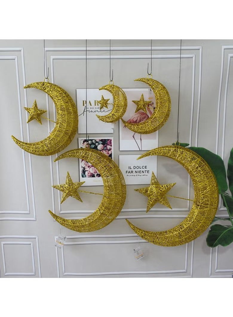 Pack of 2pc 30cm Ramadan Crescent Lighting Lantern 3D Hilal Crescent Golden 30 LED Moon Star Light, Ramadan Kareem Eid Home Decoration Moon Star Warm White Battery Powered - Image 3