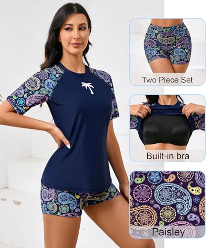 Halcurt Women Rash Guard Set Short Sleeve Swim Shirt with Built in Bra Navy Paisley M - Image 2