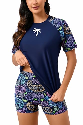 Halcurt Women Rash Guard Set Short Sleeve Swim Shirt with Built in Bra Navy Paisley M - Image 1