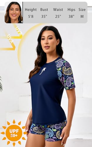Halcurt Women Rash Guard Set Short Sleeve Swim Shirt with Built in Bra Navy Paisley M - Image 3