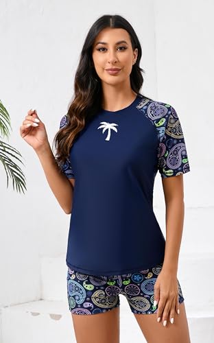 Halcurt Women Rash Guard Set Short Sleeve Swim Shirt with Built in Bra Navy Paisley M - Image 5