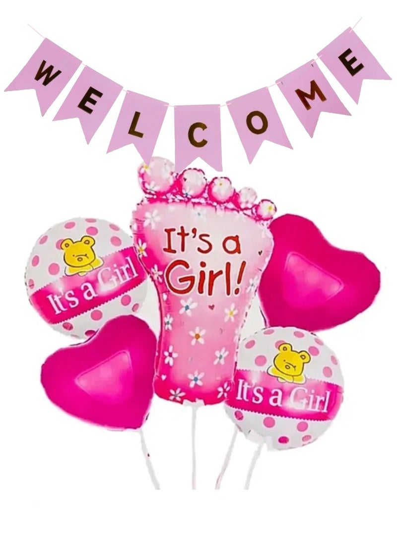 Boxwoods 5 PCS Its A Girl Theme Pink Foil Balloons With Welcome Banner - Image 1