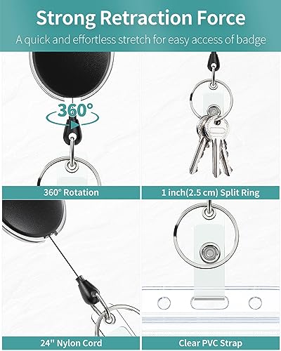 Uniclife 2 Pack Retractable Badge Reel for Badge Holder Heavy Duty Retractable Keychain Strong ABS Casing with Stainless Steel Spring Coil 24 Inch Nylon Rope Carabiner Clip and Key Ring - Image 5