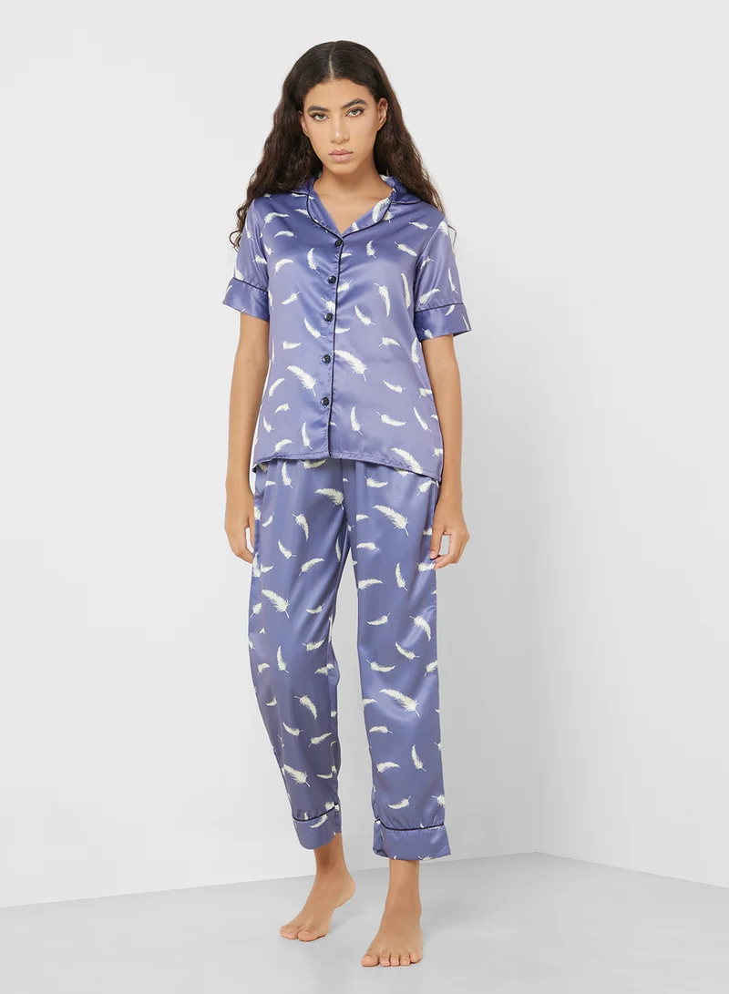 جينجر Satin Printed Shirt & Pjama Set
