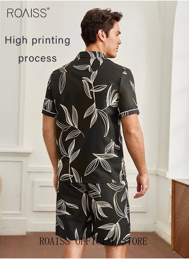 roaiss 2-Piece Set Men's Short Sleeves Pajamas Pants Sleepwear Sets Satin Leaf Printing Silk Nightgown Male Loose Shirts Spring Summer Thin Loungewear Home Clothes  - Image 3