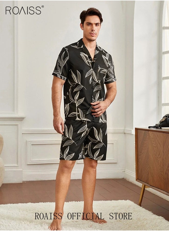 roaiss 2-Piece Set Men's Short Sleeves Pajamas Pants Sleepwear Sets Satin Leaf Printing Silk Nightgown Male Loose Shirts Spring Summer Thin Loungewear Home Clothes  - Image 5