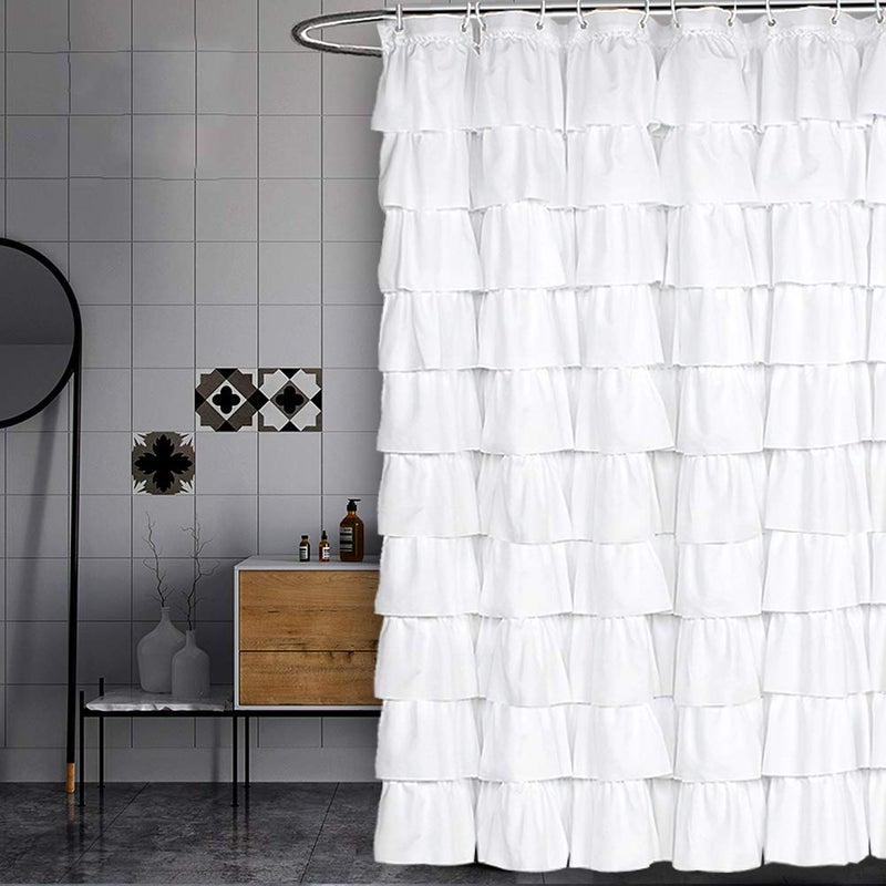 Volens White Shower Curtain Fabric Ruffle for Bathroom 70in Long - Image 1