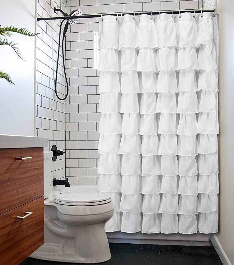 Volens White Shower Curtain Fabric Ruffle for Bathroom 70in Long - Image 3