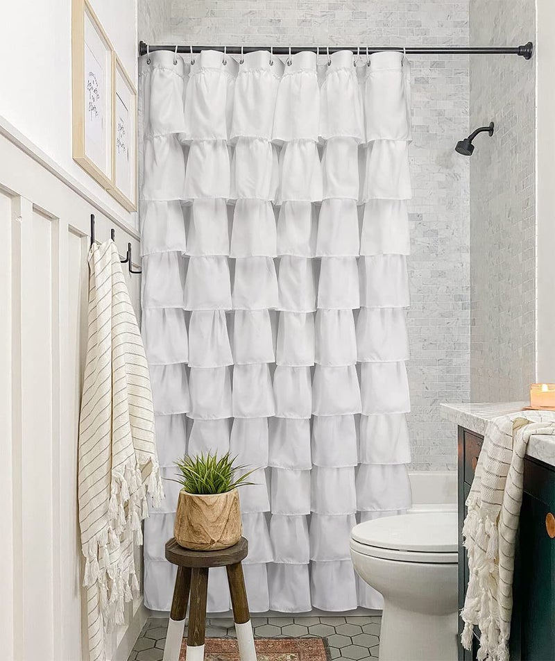 Volens White Shower Curtain Fabric Ruffle for Bathroom 70in Long - Image 5